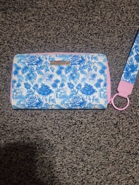 Simply Southern Blue Floral Zip Wallet with Pink Trim and Wristlet